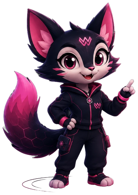 Evee, a fox-eared character in an ink-dark outfit with pink gradient accents.